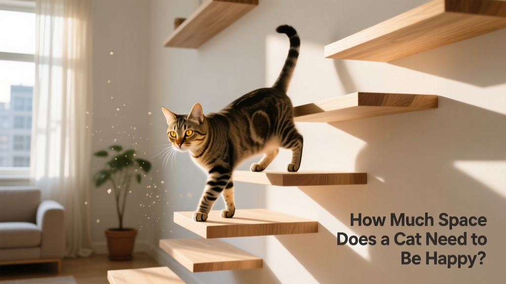 A tabby cat confidently walking along a series of floating wall shelves installed near a sunny window