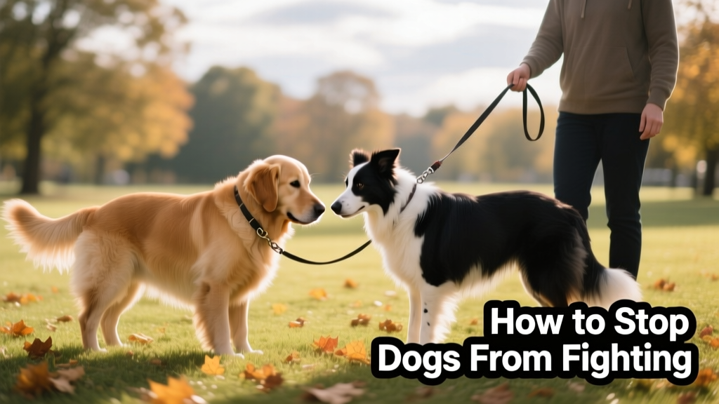 A calm, supervised introduction between two dogs on leashes in a neutral outdoor area