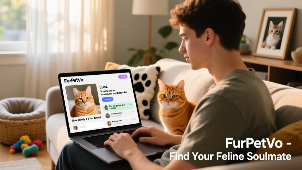 A person using a laptop to view a FurPetVo pet profile page with photos, bio, and adopter messages