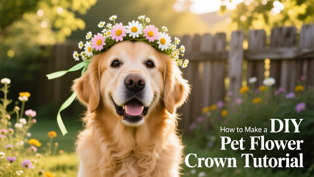 A cheerful dog wearing a soft, pastel-colored flower crown made with daisies and baby's breath