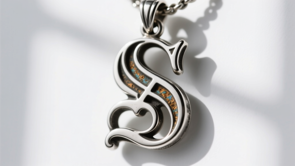 Macro shot of a sterling silver Old English letter S pendant showing sharp serifs and slight oxidation in the deep metal grooves