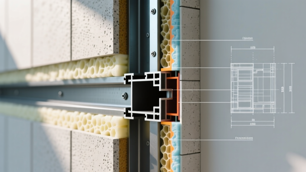 Cross-section of a modern wall assembly showing structural steel, rigid foam insulation, and fiber cement siding with technical blueprint overlays