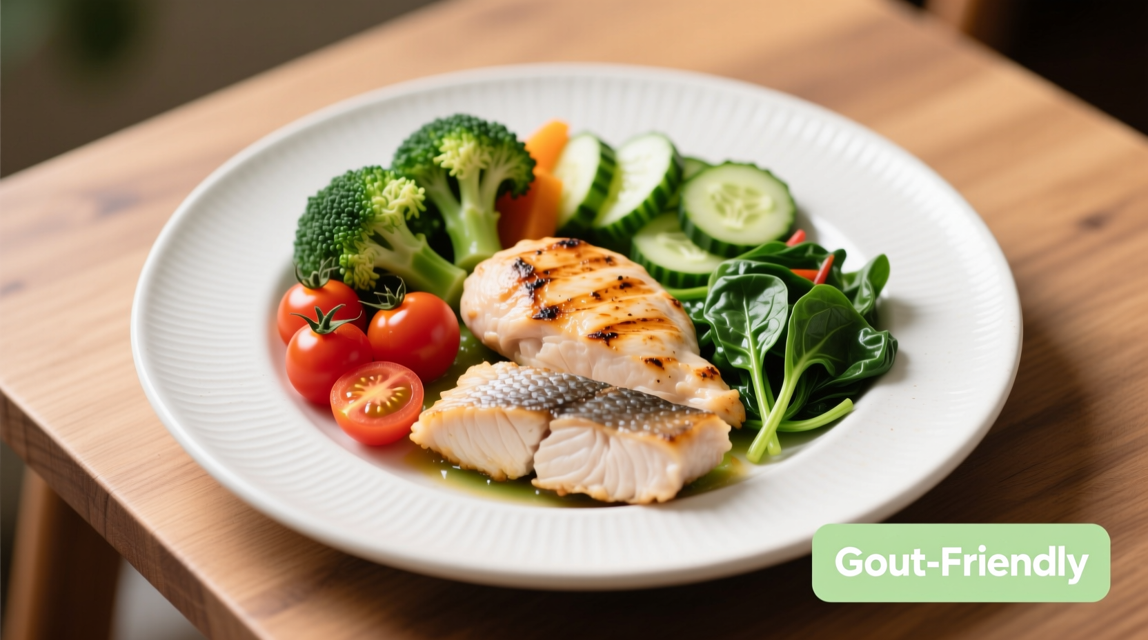 Colorful plate of gout-friendly foods with vegetables and lean protein