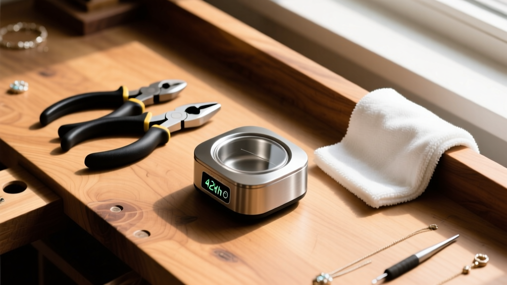 Overhead view of nylon jaw pliers, a microfiber polishing cloth, and a 42kHz ultrasonic cleaner on a wooden jeweler's workbench.
