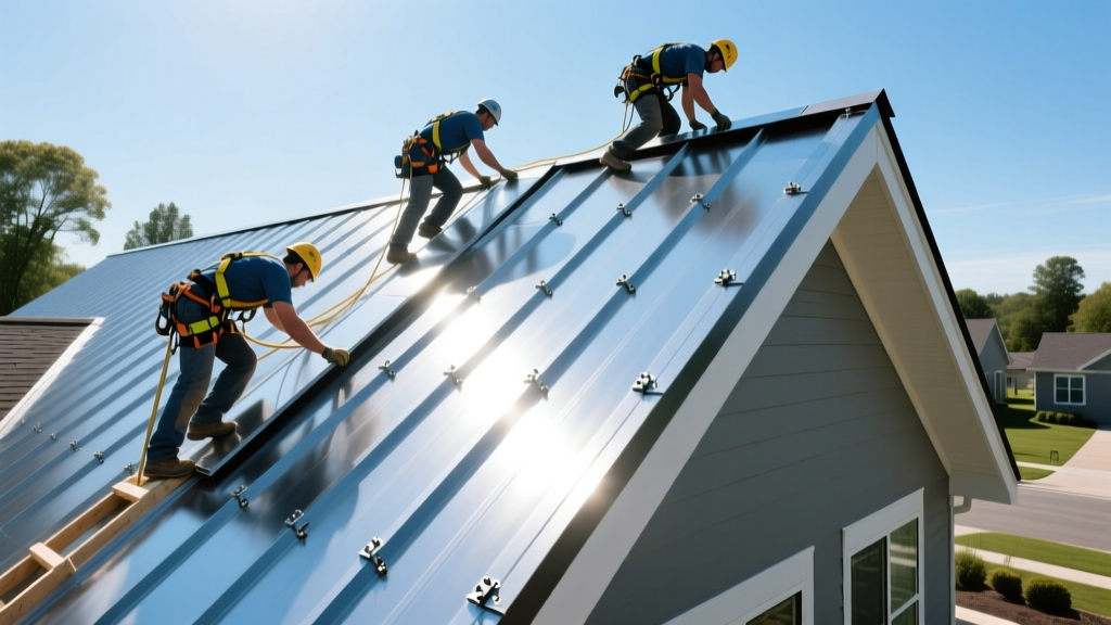 Workers installing 24-gauge standing seam metal roofing panels with concealed clips on a steep residential roof under clear skies