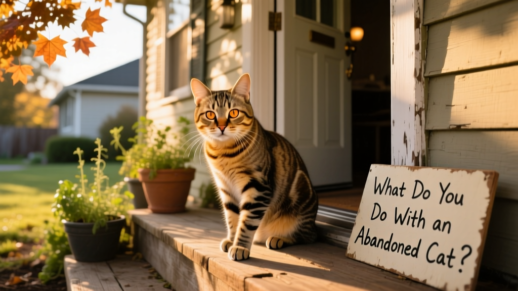 A cautious but approachable tabby cat sitting near a front porch, looking curious but not fearful