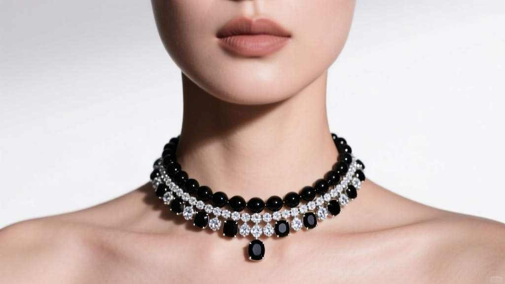 Close-up of a model wearing a black onyx and white diamond choker necklace against a white backdrop with soft diffused lighting