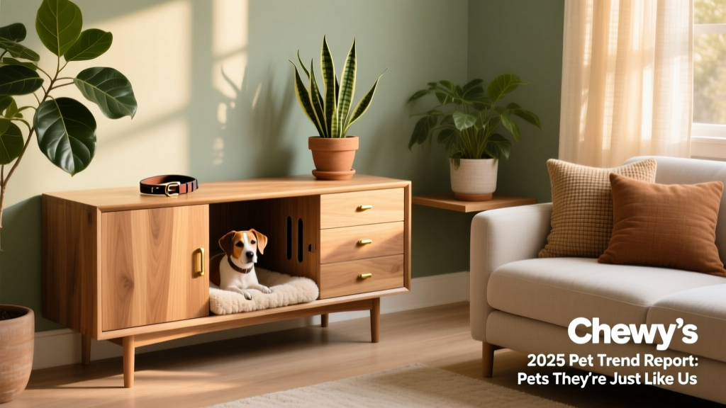 A sleek, minimalist wooden pet credenza with integrated crate and plush mat, placed in a tastefully decorated living room alongside matching throw pillows and potted plants