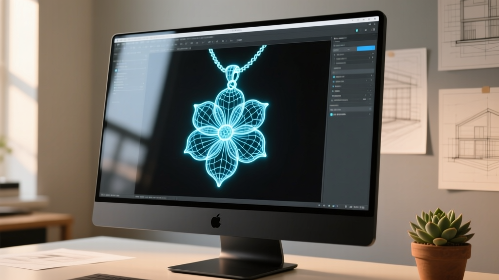 Close-up of a computer monitor displaying MatrixGold CAD software with a 3D wireframe mesh of a complex floral pendant design