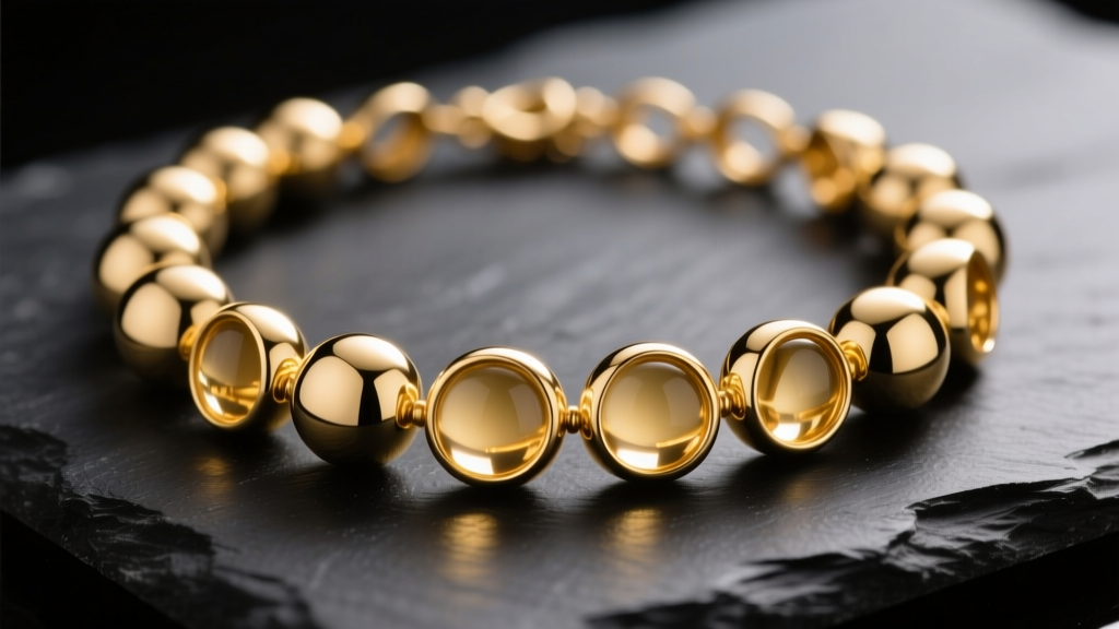 Close-up of an 18k yellow gold bubbles necklace with hollow polished spheres resting on dark slate under soft studio lighting.
