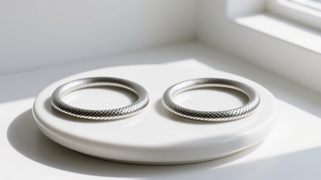Flat and round silver snake chains draped side-by-side over a white ceramic jewelry stand in bright natural window light.