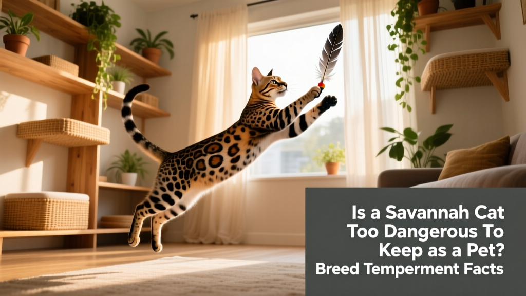 A sleek, spotted Savannah cat mid-leap, catching a feather toy in a spacious, cat-friendly living room with shelves and perches
