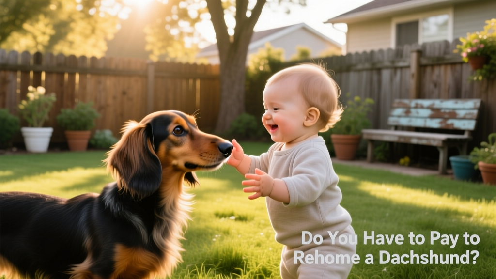 A happy Dachshund playing gently with a child in a fenced backyard