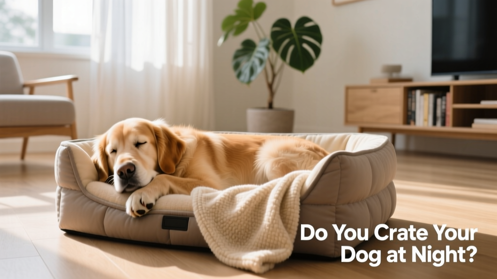 A calm, relaxed dog resting comfortably inside a well-padded crate with a soft blanket