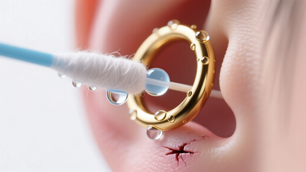 Macro shot of a cotton swab applying sterile saline to a healed 18-karat gold lobe piercing, soft clinical lighting, high detail