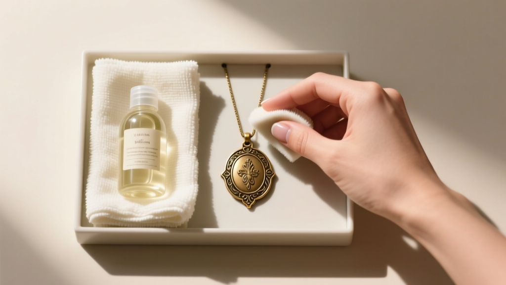 Overhead view of a cleaning kit with a microfiber cloth, mild soap, and a worn brass pendant being gently polished by hand.
