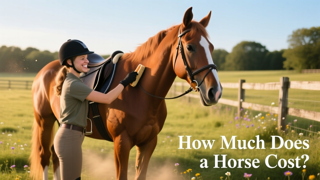 A beginner rider calmly grooming a friendly, well-behaved horse in a sunny paddock