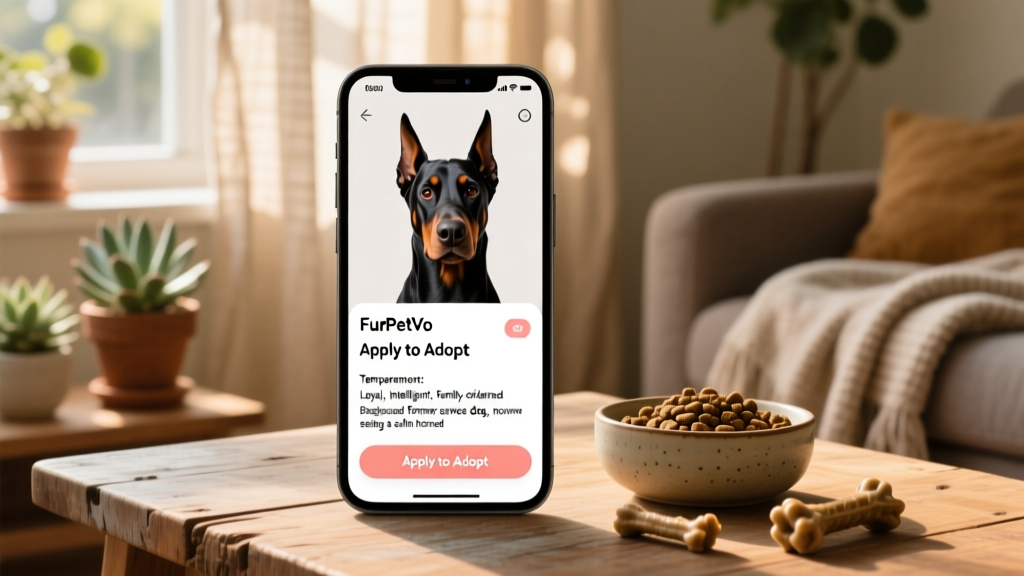 Screenshot of a FurPetVo profile page showing a Doberman's photo, bio section, and 'Apply to Adopt' button