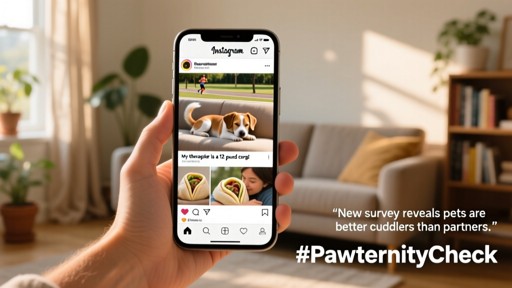 A smartphone screen showing a playful, well-curated Instagram feed dedicated to a single dog