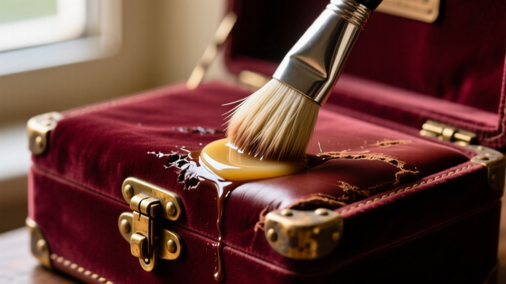 Soft horsehair brush applying saddle soap to the scuffed leather corner of a vintage 1960s burgundy jewelry box.