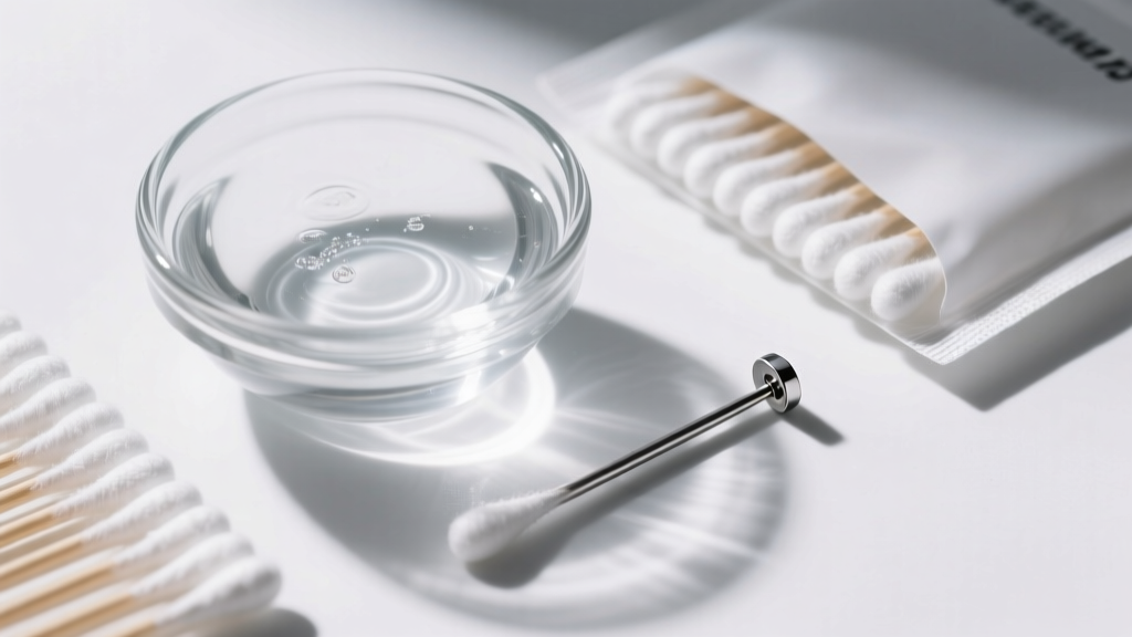 Top-down flat lay of a budget piercing care kit featuring a glass bowl of sterile saline, cotton swabs, and one titanium earring.