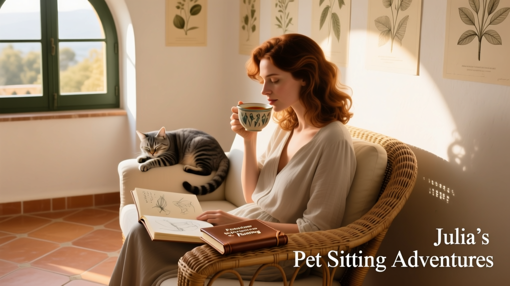 Julia sipping tea beside a sun-drenched window in a Mediterranean apartment, a sleepy cat curled on the armchair beside her