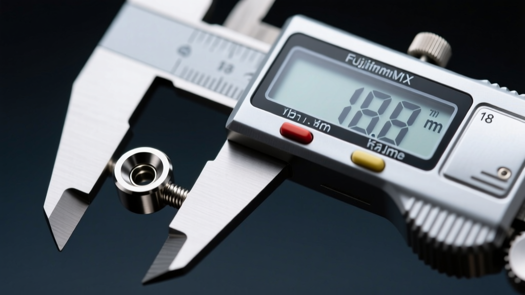 Close-up of digital calipers measuring an 18-gauge implant-grade titanium labret stud post against a dark slate background.