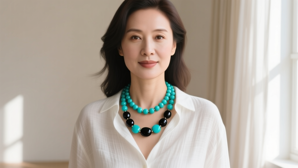 Woman wearing an 18-inch turquoise and onyx beads necklace for ladies over a white linen shirt in bright natural window light