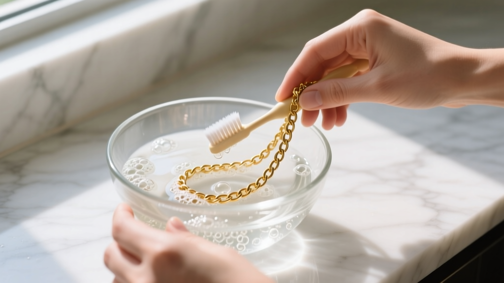 Hands cleaning a gold-plated chain necklace using a soft baby toothbrush and soapy water in a glass bowl on a marble countertop.