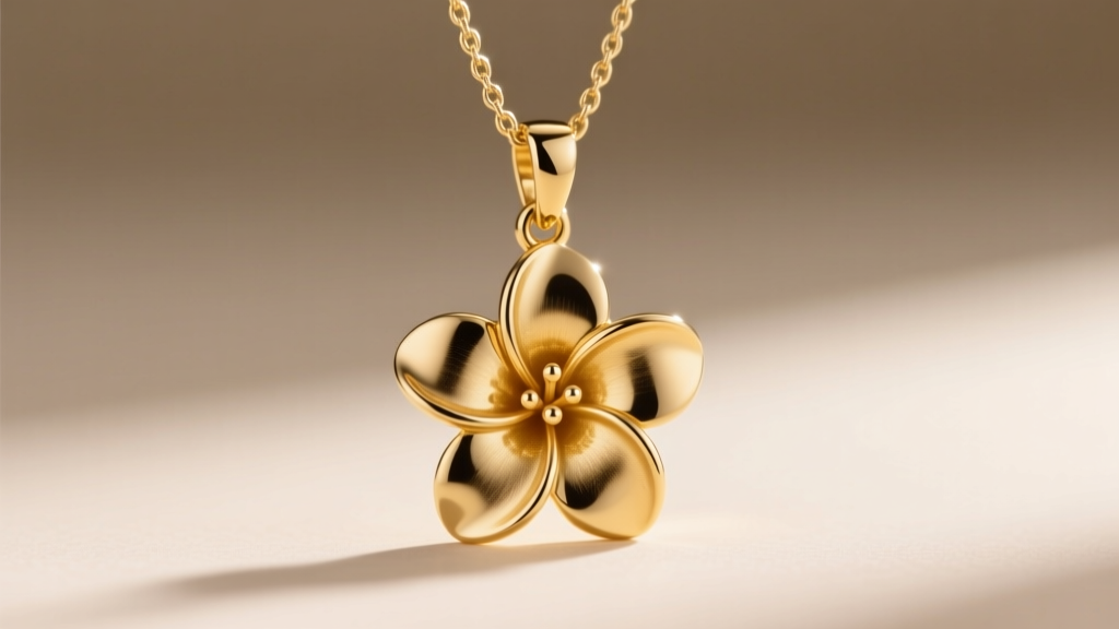 Macro shot of a gold plumeria pendant bail on a fine cable chain, showing proper weight balance to prevent the pendant flipping.