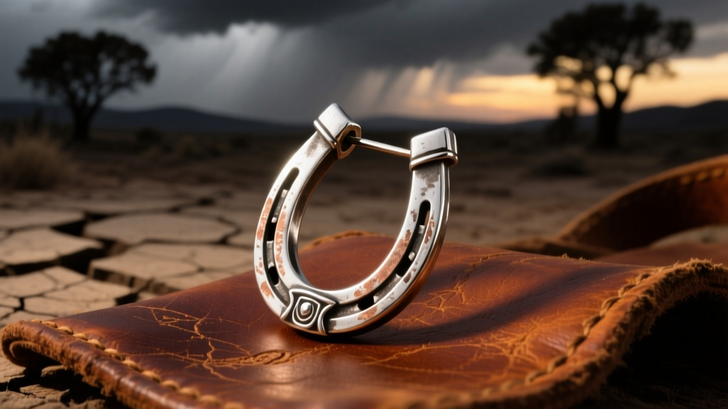 Rustic sterling silver horseshoe earring on weathered leather, styled for RDR2 cosplay against a moody background.