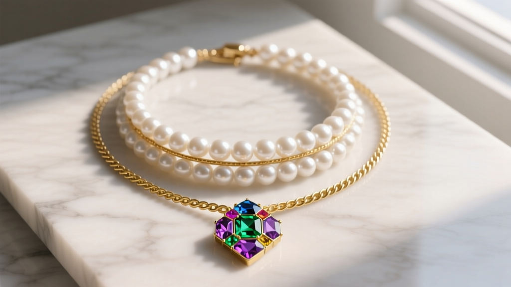 Overhead flat lay of a layered necklace stack with a pearl choker, gold rope chain, and a multi-colored gemstone joy pendant.