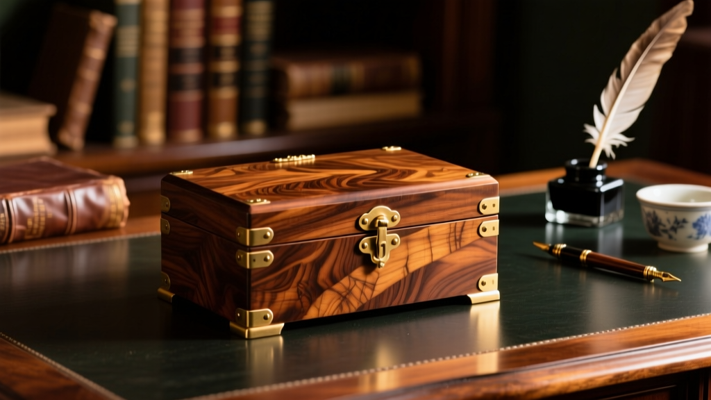 Polished 19th-century burr walnut antique wooden jewelry box with brass hinges resting on a dark mahogany desk in warm light