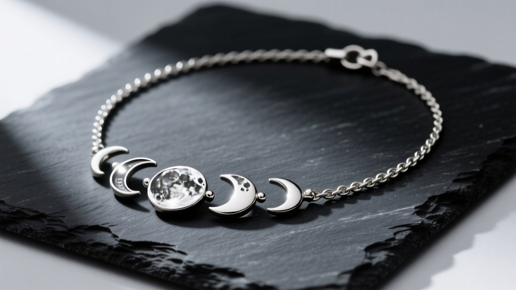 Sterling silver phases of the moon necklace on dark slate, showing oxidized detailing and a 16-inch cable chain in soft light.