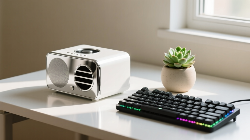 Chrome-finished midi-sized white noise machine on a minimalist desk next to a compact mechanical keyboard and small succulent.