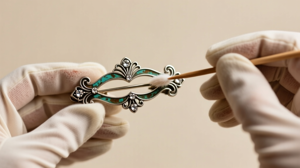 Cotton-gloved hands using a wooden skewer and dry micro-swab to gently clean verdigris from a vintage 1940s Coro duette dress clip