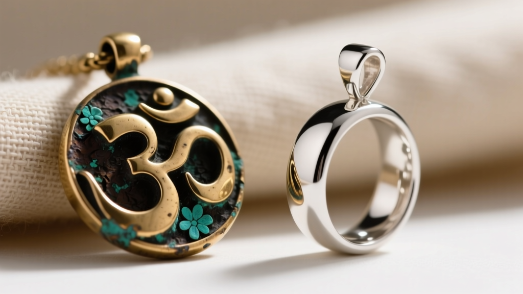 Macro shot of a tarnished brass Om pendant beside polished 925 sterling silver, showing oxidation and contrast