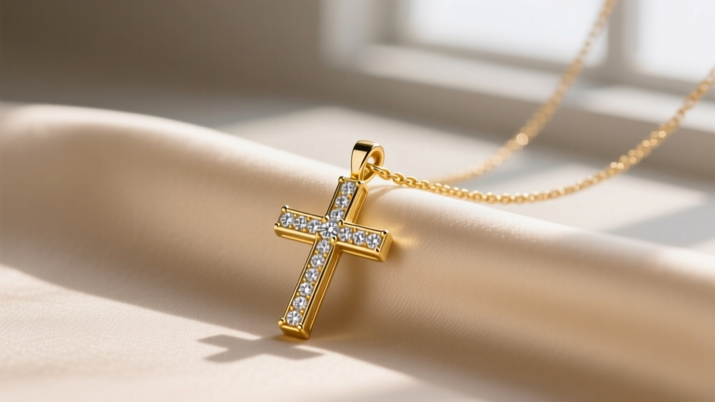 Minimalist 14k yellow gold cross pendant with micro-pave diamonds on a delicate cable chain, resting softly on beige silk fabric.