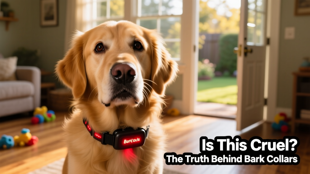 A dog wearing a bark collar with visible distress