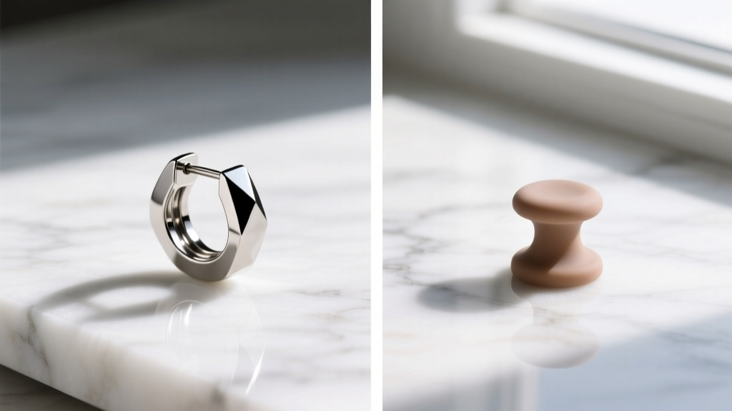 Side-by-side comparison of a titanium magnetic pressure earring and a soft silicone pressure stud on a clean white marble surface.