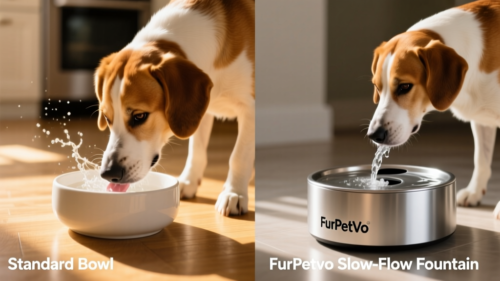 side-by-side comparison showing a dog drinking from a standard bowl versus a FurPetVo slow-flow pet fountain designed to reduce splash