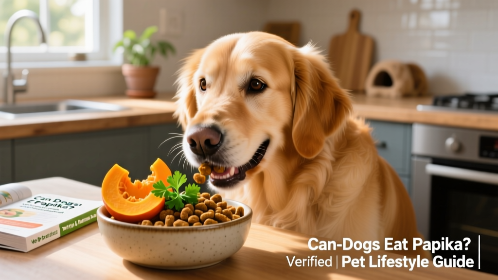 Dog happily eating kibble topped with fresh pumpkin and parsley