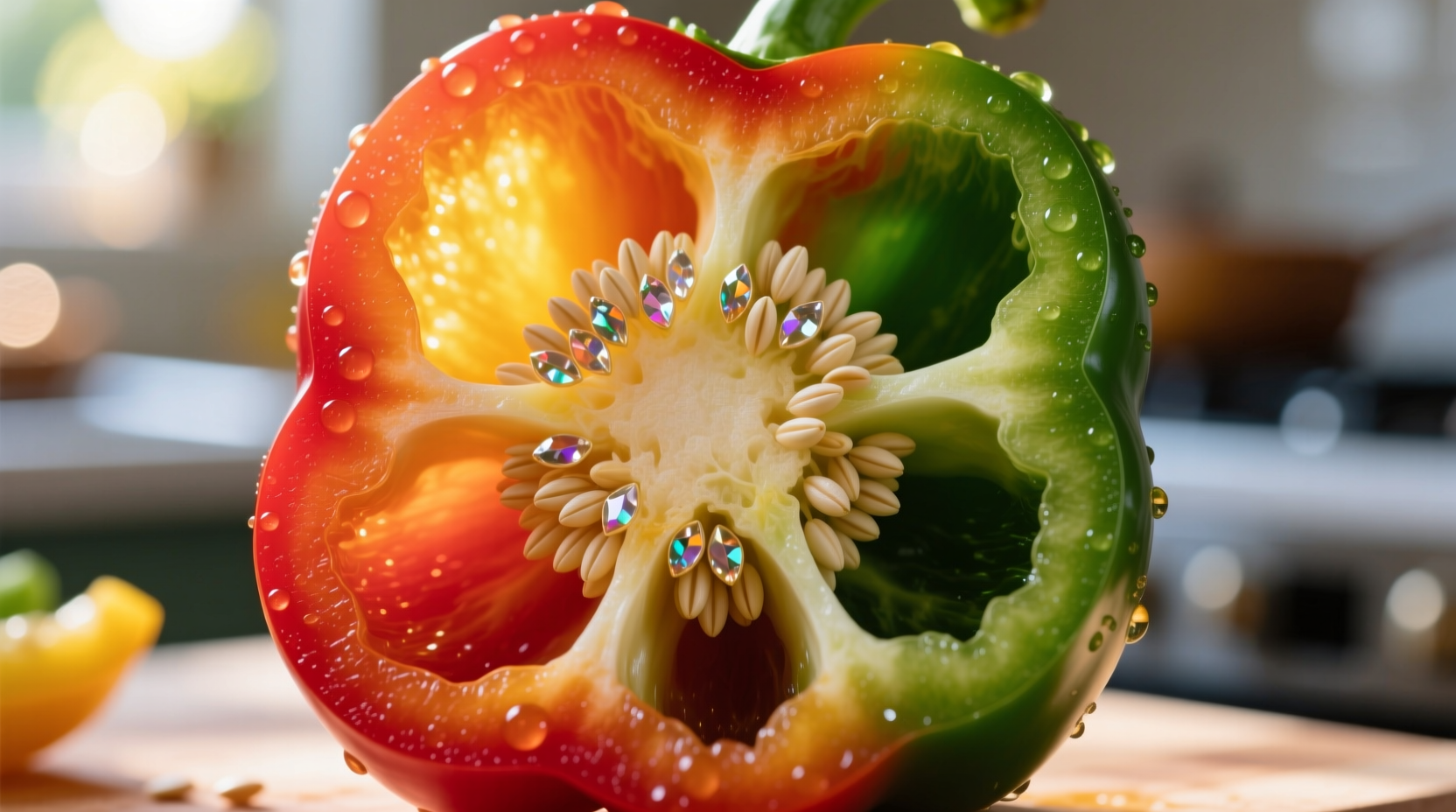 Close-up of colorful bell peppers showing seeds