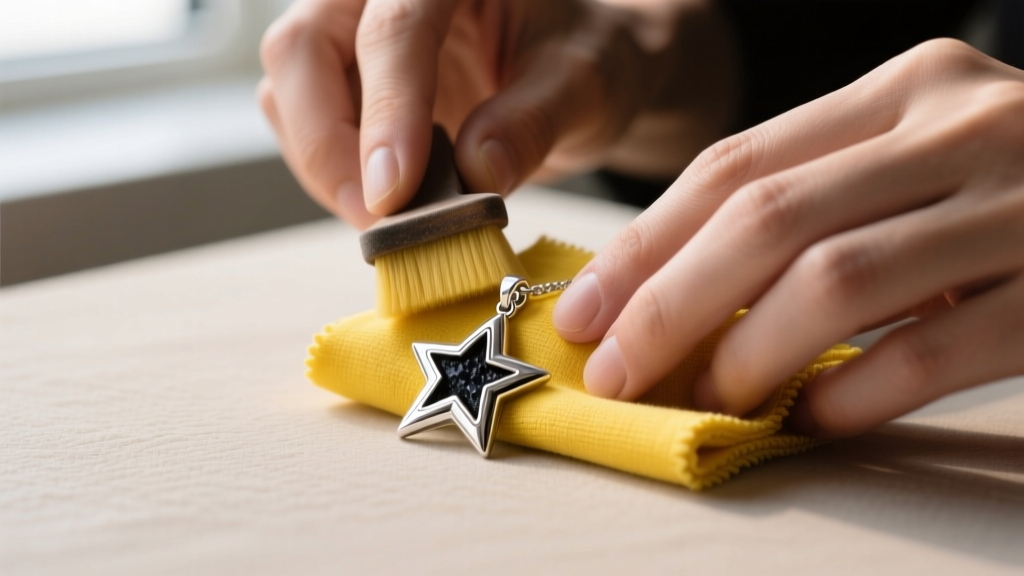 Hands using a yellow polishing cloth to buff a silver star pendant, carefully avoiding the dark oxidized recessed areas.