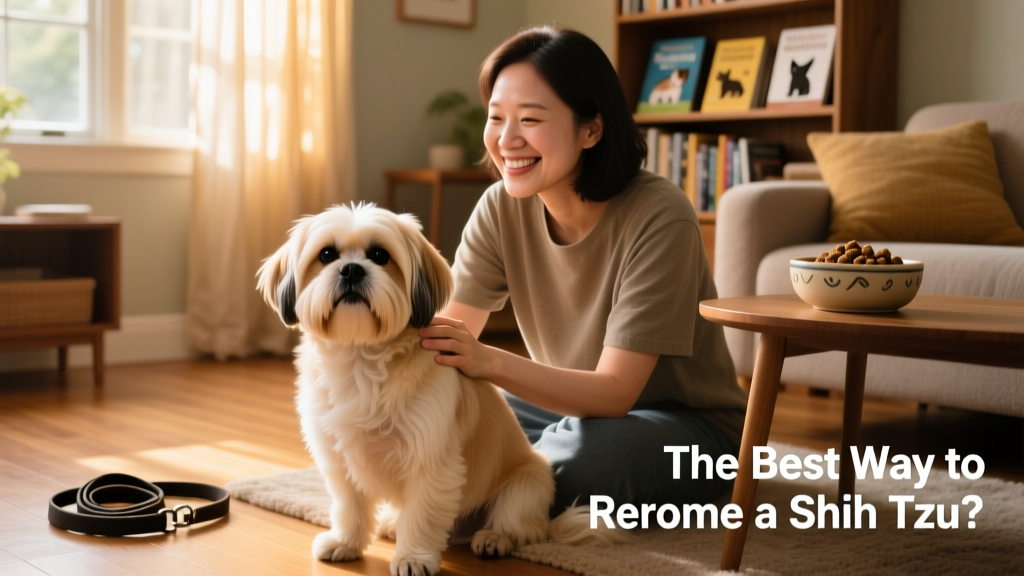 A gentle Shih Tzu sitting calmly beside a smiling adult in a cozy home setting