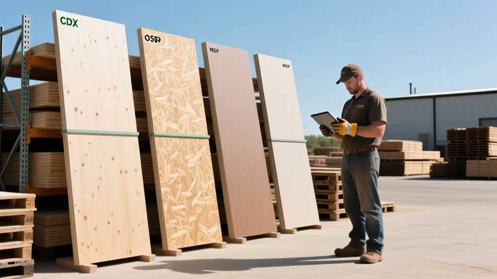 Stacked 4x8 sheets of CDX plywood, OSB, and MDF in a well-lit lumber yard with a contractor reviewing material specs on a tablet