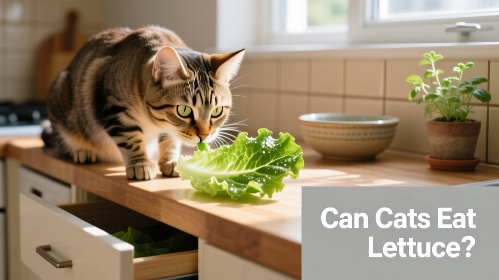 A curious cat sniffing a fresh green leaf of romaine lettuce on a kitchen counter