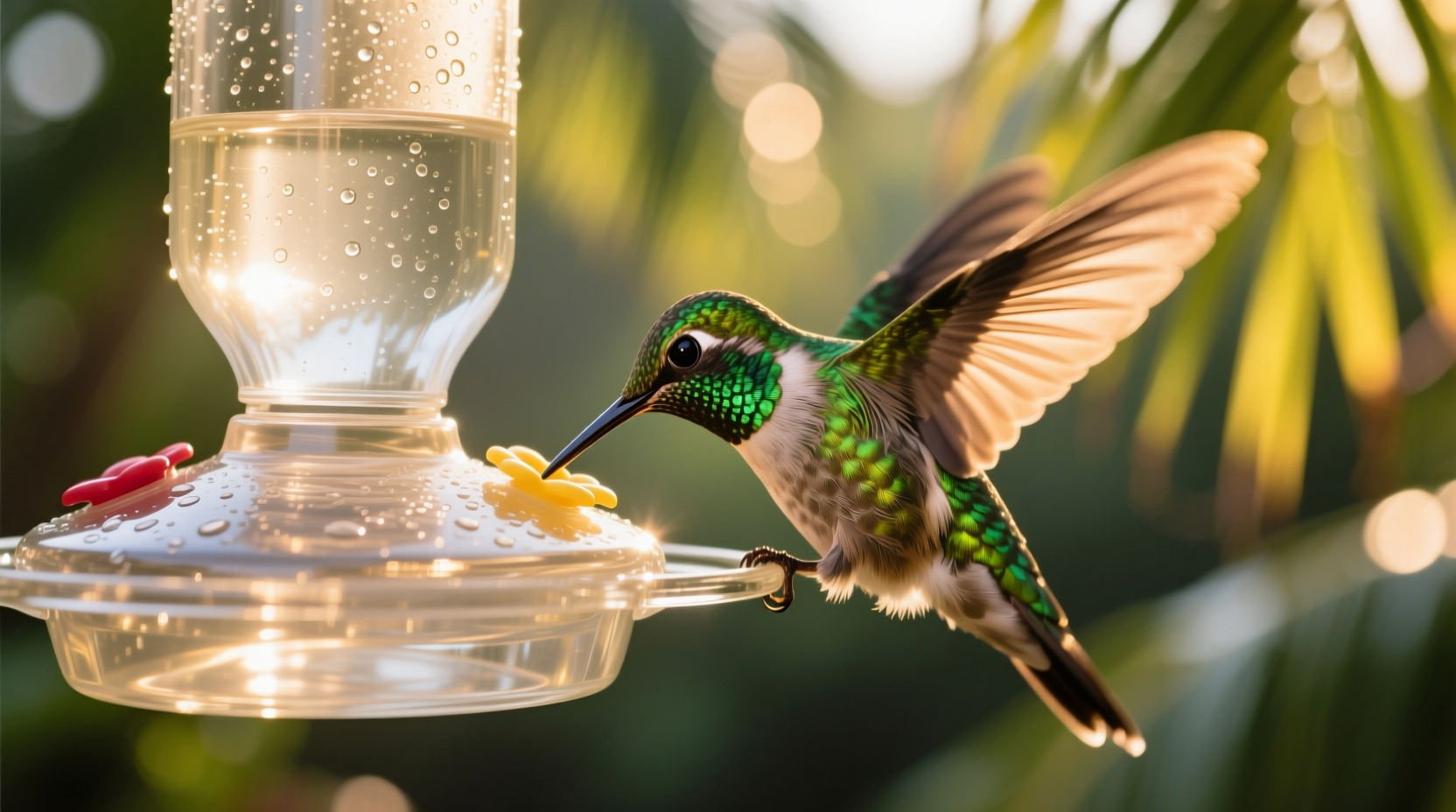 Close-up of hummingbird feeding from glass feeder