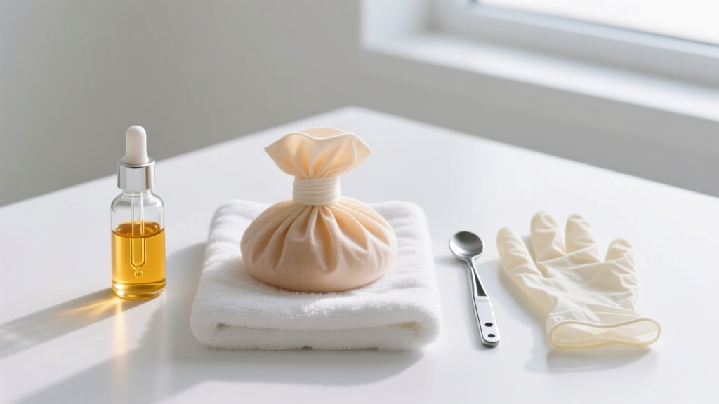 Flat lay of sterile tools: a warm saline compress, glass dropper of jojoba oil, and nitrile gloves resting on a clean white towel.