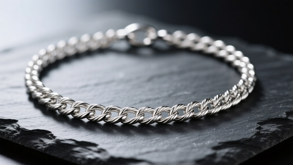 Macro shot of a 925 sterling silver rope chain necklace resting on dark slate, illuminated by soft directional studio lighting.
